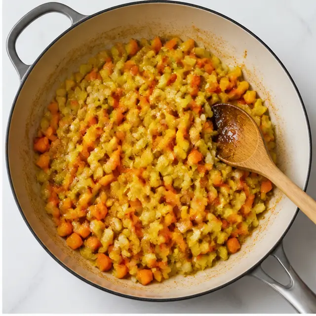 Sautéing diced onion, carrots, and celery until glossy