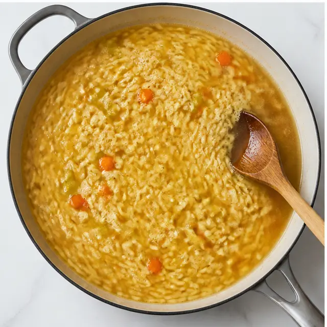 Simmering short-cut orzo in chicken broth