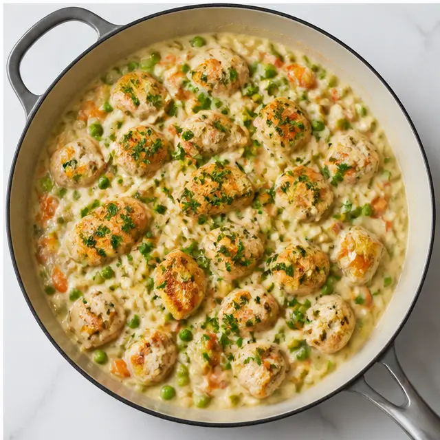 Stirring in heavy cream, green peas, and cooked chicken