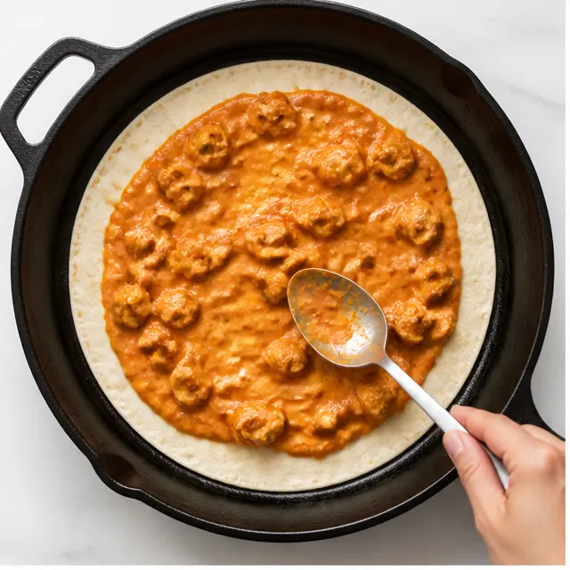 Spreading the tikka masala sauce over the flour tortilla