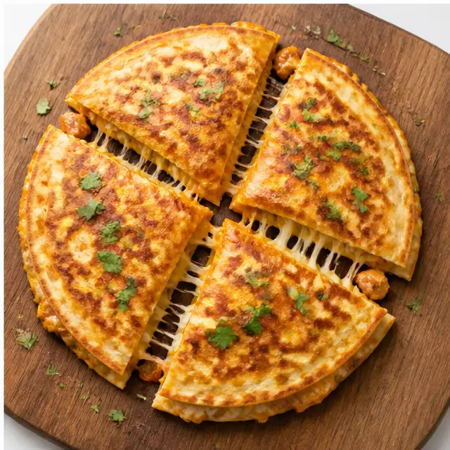Slicing the finished quesadilla into quarters with a sharp knife
