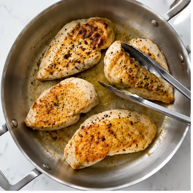 Step 1: Searing seasoned chicken fillets until golden brown