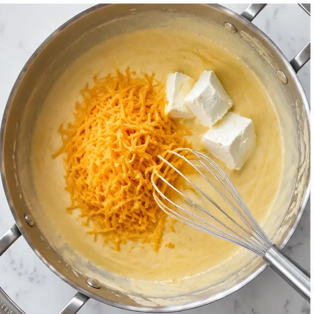 Step 3: Stirring in cream cheese and Colby until the sauce turns silky