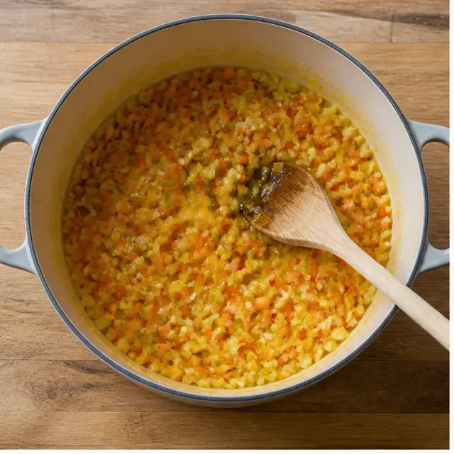 Step 1: Sauteing the mirepoix in olive oil