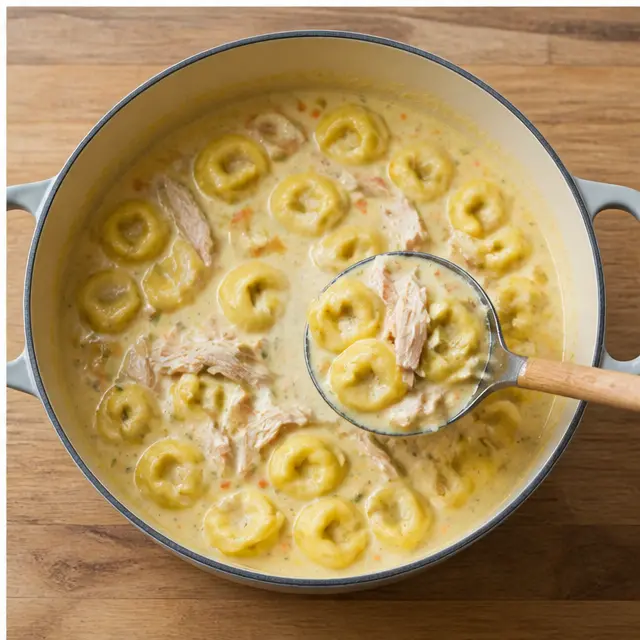 Step 4: Stirring in tortellini and shredded chicken