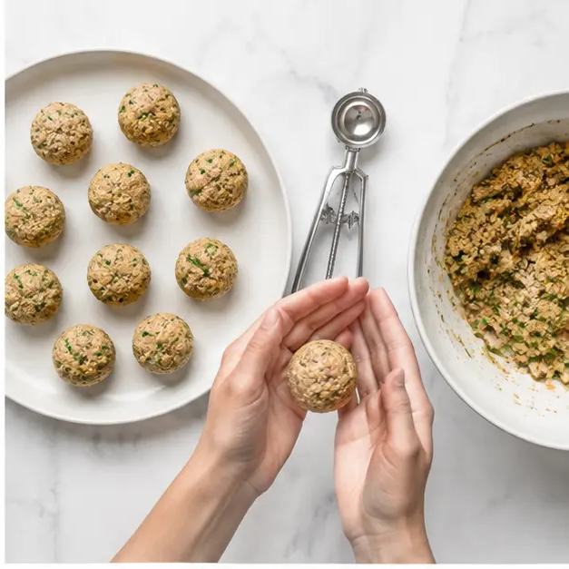 Step 2: Roll heaping tablespoon portions into golf ball-sized meatballs