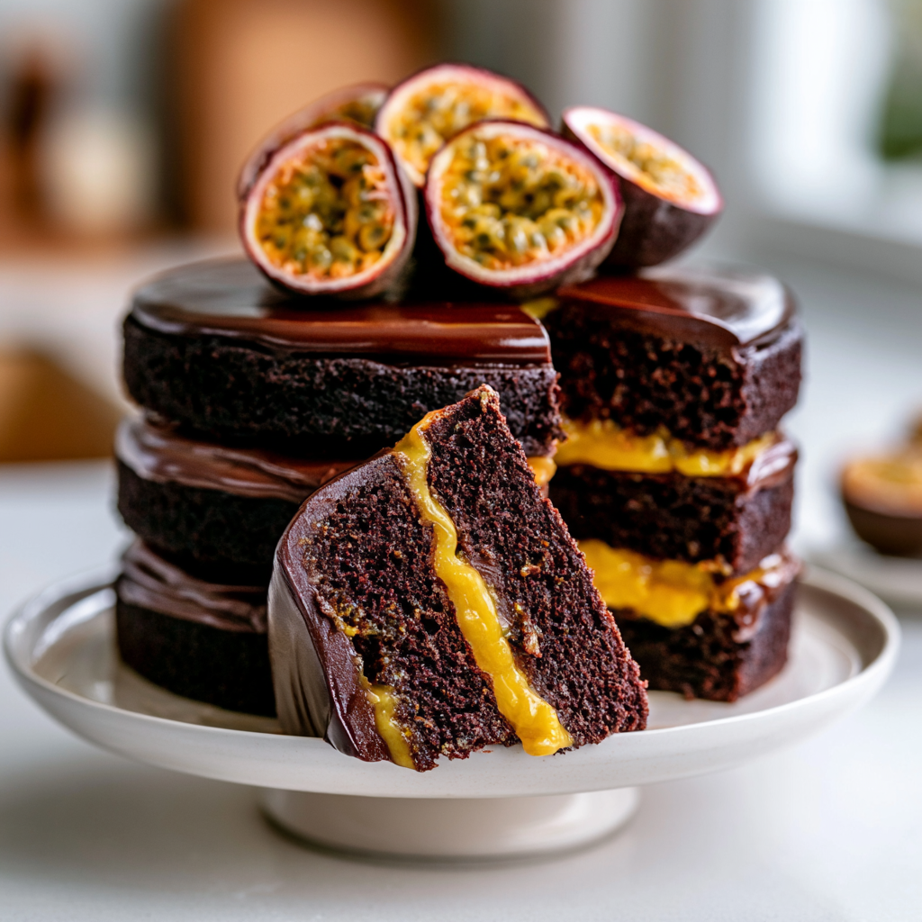 chocolate passionfruit layer cake - final presentation