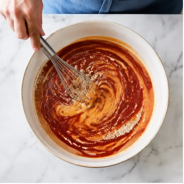 Whisking onion soup mix, eggs, water, and ketchup into a smooth pinkish-red wet base