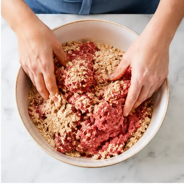 Folding ground beef and bread crumbs together gently with hands until just combined