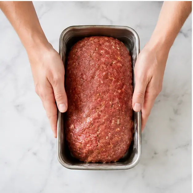 Shaping the meat mixture into a smooth domed loaf inside a lightly greased loaf pan