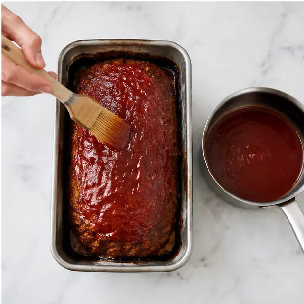 Brushing warm glossy brown sugar ketchup glaze over the surface of the baked meatloaf