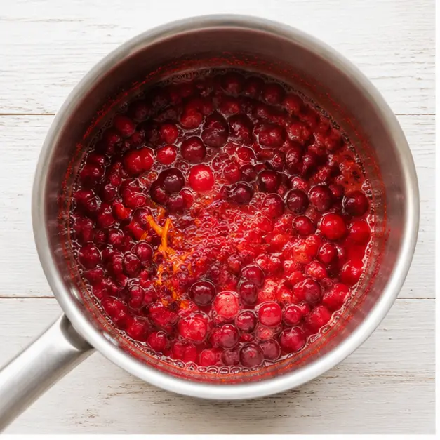 Step 1: Simmer cranberries with orange juice, sugar, and zest until bursting