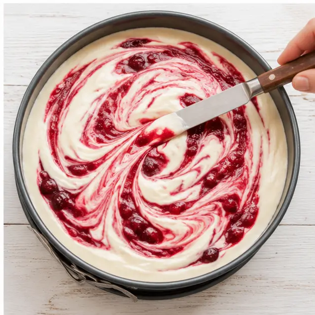 Step 4: Swirl cranberry sauce into cheesecake filling with a knife