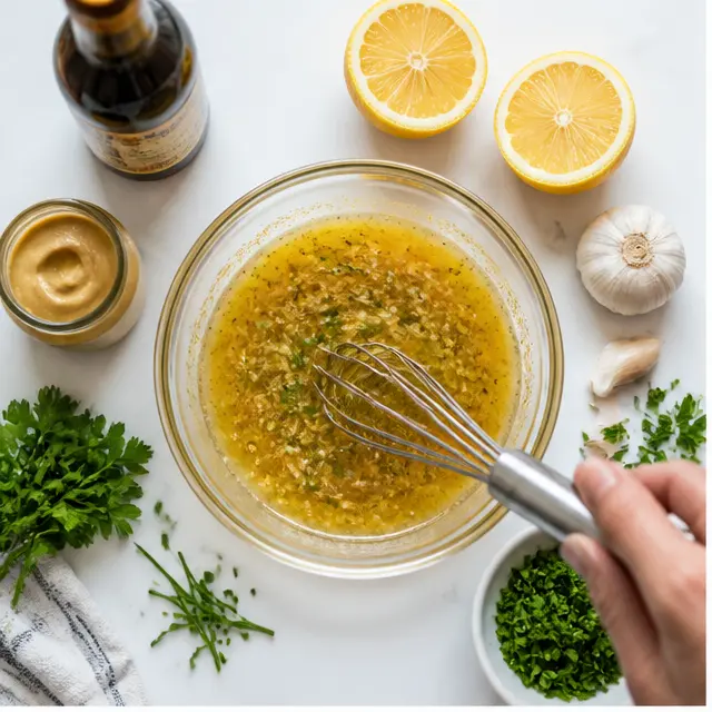 Step 1: Whisk the melted butter with minced garlic, Meyer lemon juice, Worcestershire, Dijon, and fresh parsley