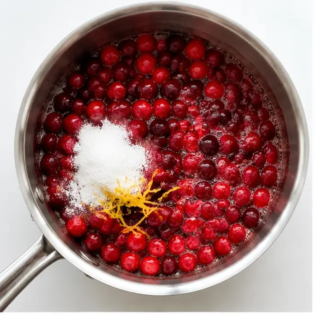 Simmer cranberries with sugar, Meyer lemon zest and juice, and water until the berries pop and the liquid turns ruby red.