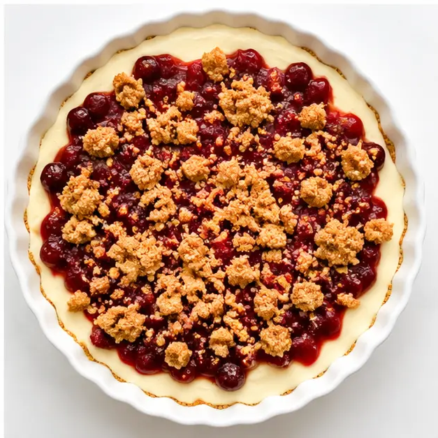 Dollop the cooled cranberry mixture over the cheesecake, sprinkle with the reserved crumb topping, and bake until the edges are golden.