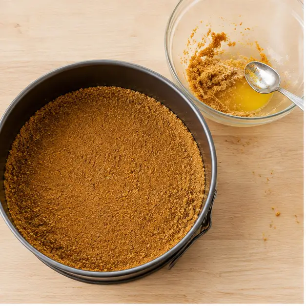 Pressing the gingersnap crust into the springform pan.