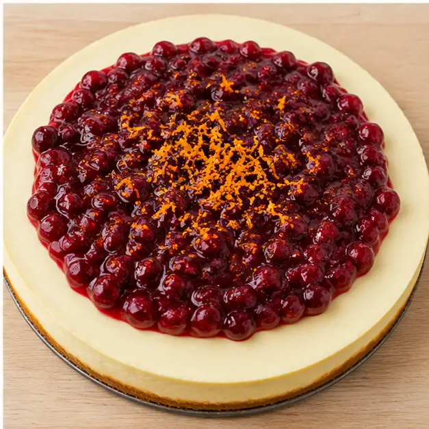 Spooning the whole-berry cranberry topping over the cooled cheesecake.
