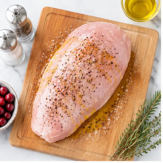 Season the raw turkey with olive oil, salt, and pepper