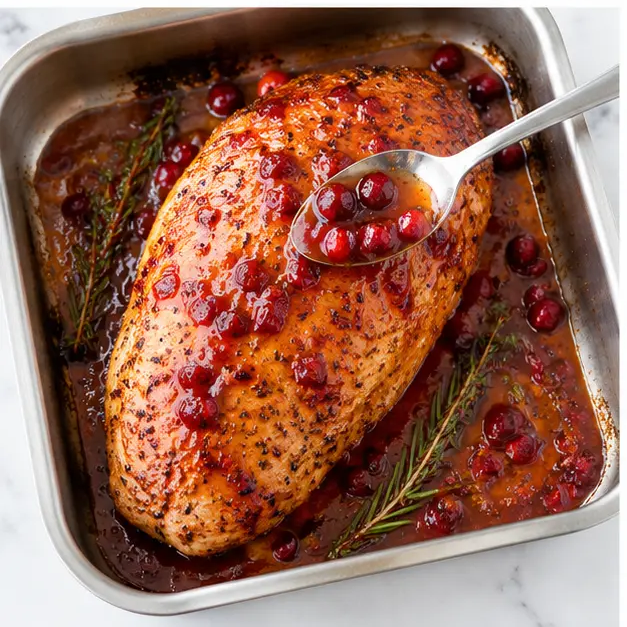 Roast the turkey and baste with the cranberry-orange glaze