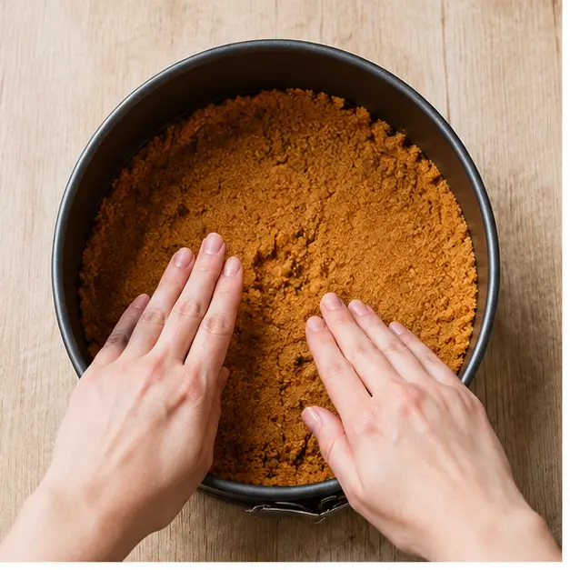 Step 1: Pressing the gingersnap crust into the springform pan
