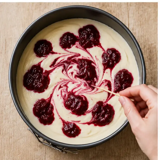 Step 3: Swirling cranberry sauce through the filling with a toothpick