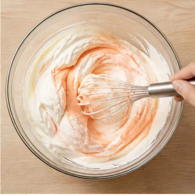 Step 2: Whisk in thawed whipped topping and dry peach gelatin