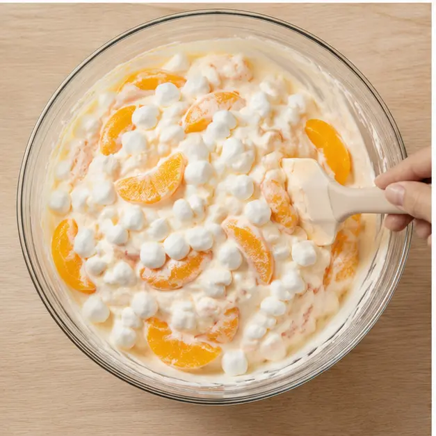Step 3: Fold in drained peach slices and mini marshmallows