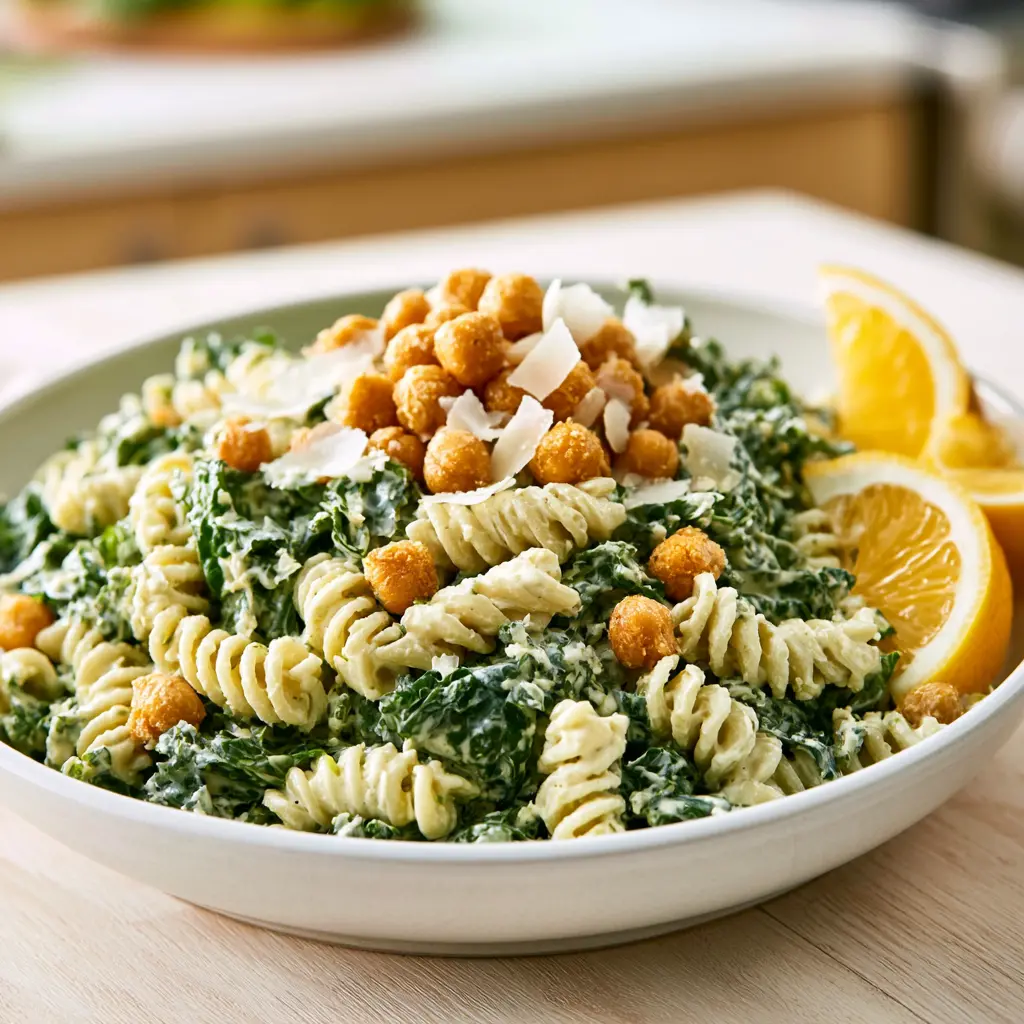 creamy lemon caesar pasta salad - final presentation