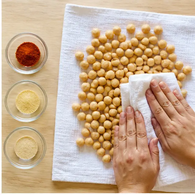 Step 2: Patting chickpeas dry and tossing them with olive oil and spices