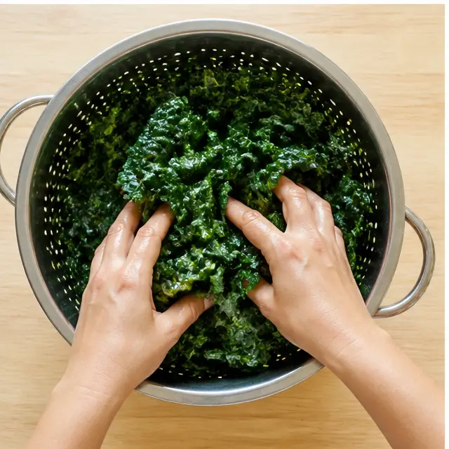 Step 3: Massaging lacinato kale until bright green and silky tender