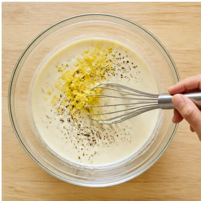 Step 4: Whisking the creamy lemon caesar dressing until smooth and glossy