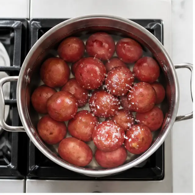 Step 1: Boiling whole red potatoes in salted water