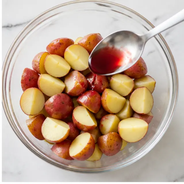 Step 2: Tossing warm potato chunks with vinegar