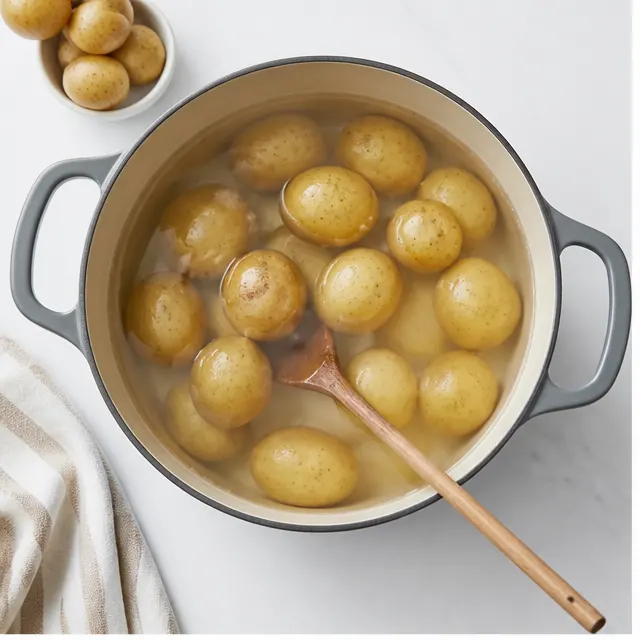 Step 1: Boiling small yellow potatoes in salted water until fork-tender
