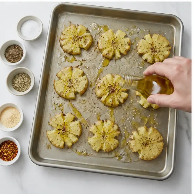 Step 3: Drizzling smashed potatoes with olive oil and sprinkling seasonings