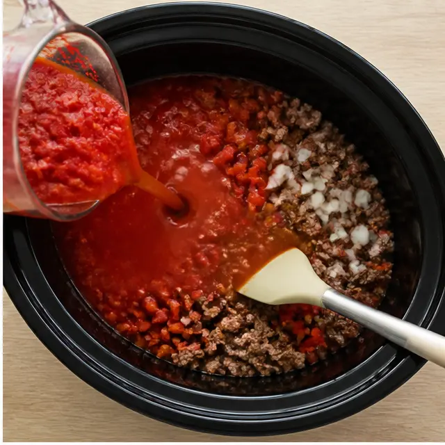 Step 2: Add tomatoes and beef broth to slow cooker