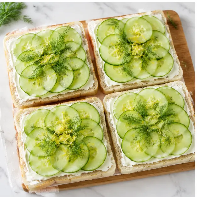 Step 3: Layer cucumber slices evenly over the spread with herbs and zest