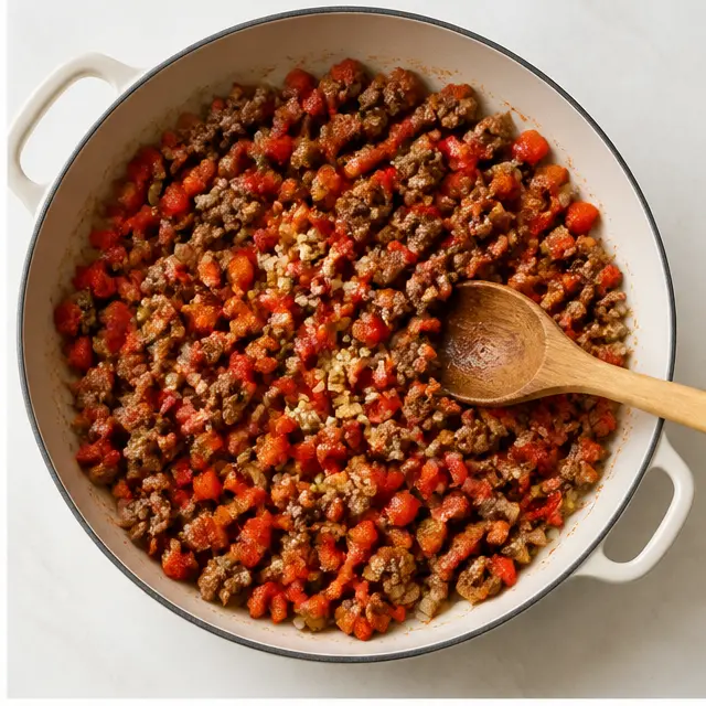 Sauté the garlic and diced red bell peppers into the meat