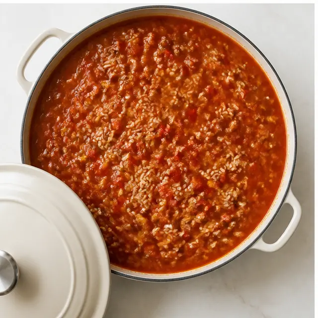 Simmer everything with tomato sauce, broth, rice, and seasonings