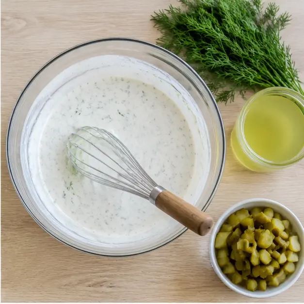 Whisking the creamy pickle juice dressing