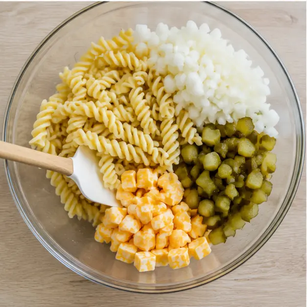 Folding cooled pasta with pickles and cheese