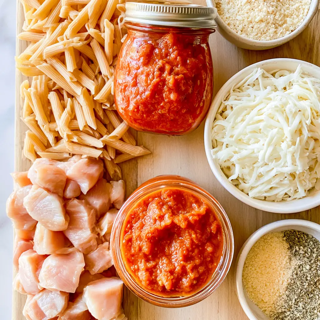dump and bake chicken parmesan casserole - main ingredients