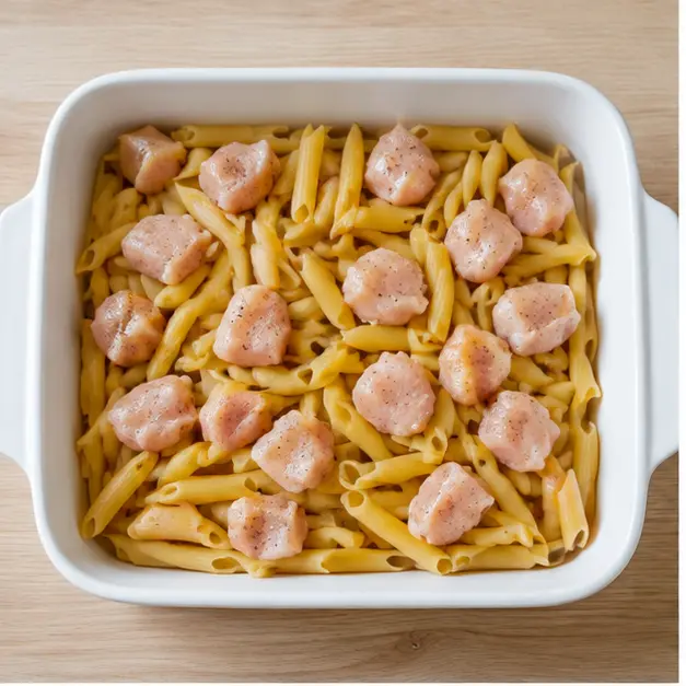 Step 1: Combining dry penne and raw cubed chicken pieces in the baking dish