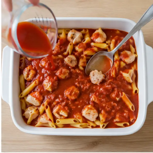 Step 2: Pouring marinara sauce and water over the pasta and chicken