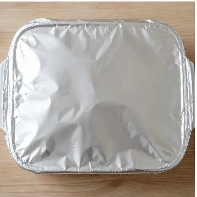 Step 3: Covering the baking dish snugly with aluminum foil before the covered bake