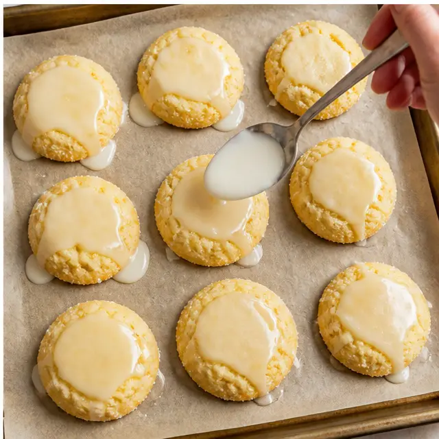 Step 4: Drizzling maple glaze over warm baked cookies