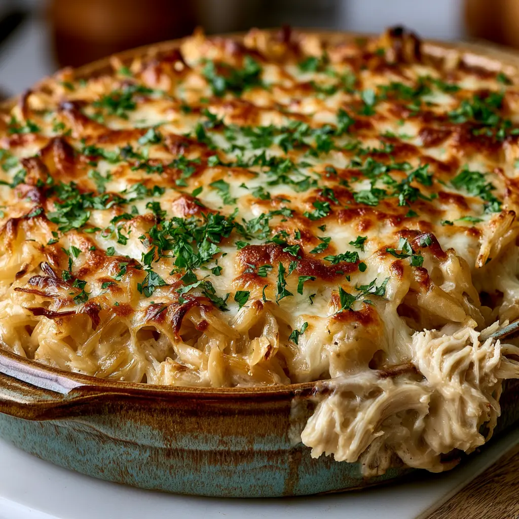 french onion chicken orzo casserole - final presentation