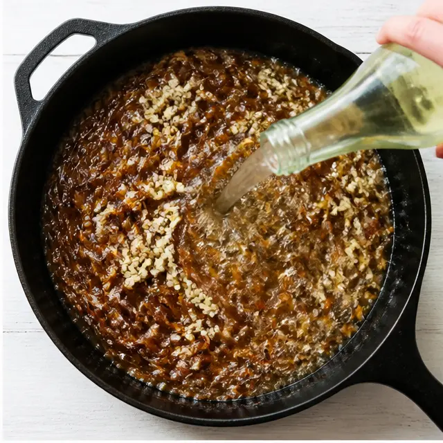 Deglaze the skillet with wine and add broth