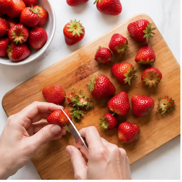 Step 1: Hulling and prepping fresh strawberries, or measuring frozen thawed ones